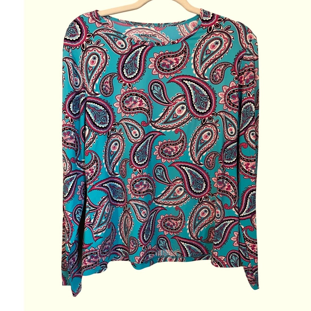 Lands End Womens XL 18 Paisley Long Sleeve Rash Guard Top UPF 50 Teal Pink